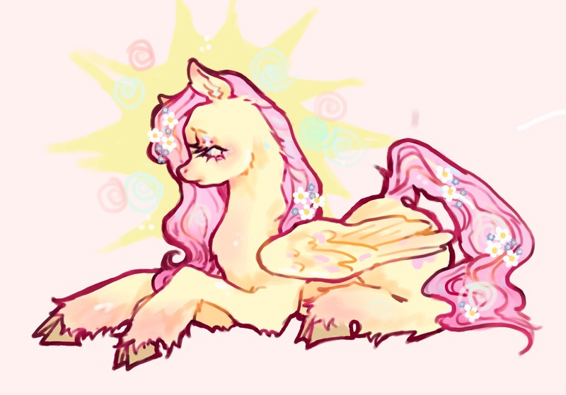 Size: 2048x1430 | Tagged: safe, artist:stellarphileistic, derpibooru import, fluttershy, pegasus, pony, blushing, colored hooves, ear fluff, eyeshadow, female, flower, flower in hair, flower in tail, folded wings, frown, g4, image, jpeg, lying down, makeup, mare, pink background, simple background, solo, tail, unshorn fetlocks, wings