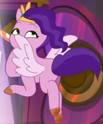 Size: 274x329 | Tagged: safe, derpibooru import, screencap, pipp petals, pegasus, pony, g5, my little pony: tell your tale, spoiler:g5, spoiler:my little pony: tell your tale, spoiler:tyts02e04, cropped, flying, hooves on face, image, jazz hearts rocky, jpeg, looking up, mane melody (location), out of context, purple body, purple hair, purple mane, solo, spread wings, wings