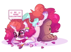 Size: 2776x2032 | Tagged: safe, artist:darkjillmlp123, derpibooru import, oc, oc:charleen hearts, unofficial characters only, pony, unicorn, bow, glasses, hair bow, image, plushie, png, simple background, solo, speech bubble, teddy bear, transparent background, valentine's day card