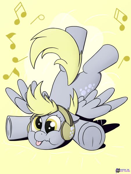 Size: 1579x2100 | Tagged: safe, artist:passionpanther, derpibooru import, derpy hooves, pegasus, pony, series:ponies with headphones, :t, cute, cutie mark headphones, derpabetes, faceplant, falling, female, frog (hoof), g4, headphones, image, jpeg, mare, music notes, simple background, solo, spread wings, tongue out, underhoof, wings, yellow background