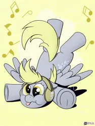 Size: 1579x2100 | Tagged: safe, artist:passionpanther, derpibooru import, derpy hooves, pegasus, pony, series:ponies with headphones, :t, cute, cutie mark headphones, derpabetes, faceplant, falling, female, frog (hoof), g4, headphones, image, jpeg, mare, music notes, simple background, solo, spread wings, tongue out, underhoof, wings, yellow background