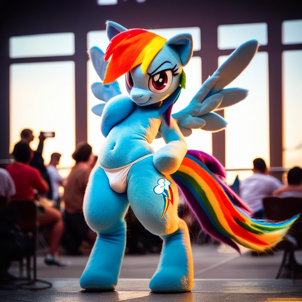 Size: 2048x2048 | Tagged: questionable, ai content, anonymous prompter, derpibooru import, machine learning generated, stable diffusion, rainbow dash, pegasus, semi-anthro, backwards cutie mark, bed, belly button, clothes, crotch bulge, female, fetish, fursuit, g4, generator:pony diffusion v6 xl, image, nudity, panties, photo, png, prompt in description, public, realistic, solo, thong, underwear, waifu2x