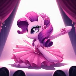 Size: 894x894 | Tagged: safe, ai content, derpibooru import, machine learning generated, rarity, pony, unicorn, ballerina, ballet, ballet slippers, beautiful, clothes, cute, female, image, jewelry, jpeg, kneeling, mare, raised hoof, raribetes, raririna, smiling, solo, spotlight, stage, stage light, tutu