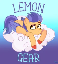 Size: 3333x3663 | Tagged: safe, artist:felux, derpibooru import, pegasus, pony, g5, my little pony: tell your tale, cloud, colored wings, folded wings, gradient background, high res, image, jpeg, lemon gear, looking at something, male, name, sleepy, solo, stallion, text, wings