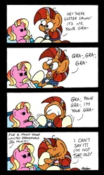 Size: 1404x2370 | Tagged: safe, artist:bobthedalek, derpibooru import, luster dawn, stellar flare, pony, unicorn, baby, baby bottle, baby pony, comic, dialogue, duo, female, glasses, grandmother, grandmother and grandchild, grey hair, image, offscreen character, offspring, older, parent:starlight glimmer, parent:sunburst, parents:starburst, png, younger