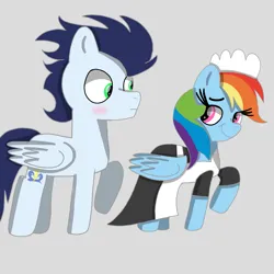 Size: 1400x1400 | Tagged: safe, artist:mrsdashskies, derpibooru import, rainbow dash, soarin', pegasus, pony, blushing, clothes, female, image, maid, male, mare, png, shipping, soarindash, stallion, straight