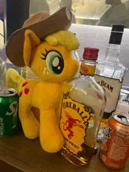 Size: 640x853 | Tagged: safe, derpibooru import, applejack, earth pony, pony, alcohol, drink, female, g4, image, irl, mare, photo, plushie, png, soda, soda can, solo