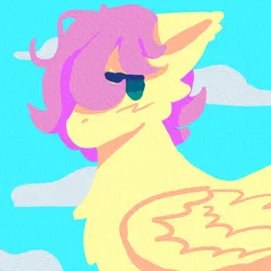Size: 4000x4000 | Tagged: safe, artist:clandestine, derpibooru import, fluttershy, pegasus, pony, absurd resolution, blue eyes, blushing, cloud, colored pinnae, female, folded wings, g4, image, pink hair, png, short hair, simple background, sky, solo, wings