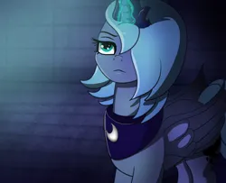 Size: 992x806 | Tagged: safe, artist:undisputed, derpibooru import, princess luna, alicorn, pony, fanfic, dungeon, fanfic art, glow, glowing horn, hair over one eye, horn, image, jpeg, s1 luna, solo, young luna