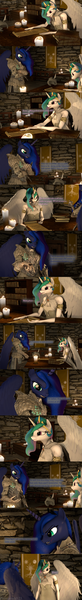 Size: 2051x14998 | Tagged: safe, artist:fireemerald123, derpibooru import, princess celestia, princess luna, tree of harmony, alicorn, anthro, 3d, armor, banner, book, candle, clothes, comic, dress, g4, helmet, image, png, realistic wings, source filmmaker, sword, sæla, watermark, weapon, wings