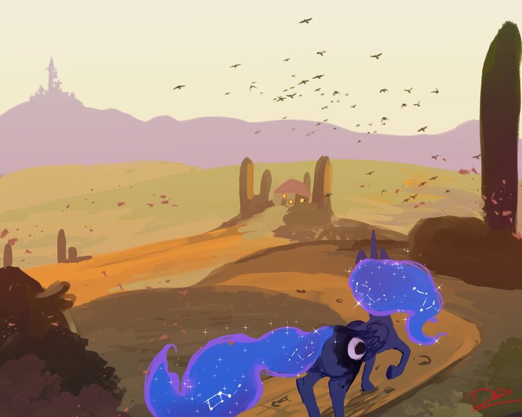 Size: 2000x1600 | Tagged: safe, artist:thelunarmoon, derpibooru import, princess luna, alicorn, bird, pony, butt, constellation hair, facing away, female, flock, image, jpeg, mare, moonbutt, plot, scenery, solo