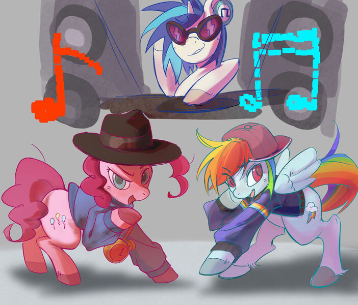 Size: 1264x1080 | Tagged: safe, artist:gamagama6, derpibooru import, pinkie pie, rainbow dash, vinyl scratch, earth pony, pegasus, pony, unicorn, alarm clock, backwards ballcap, baseball cap, cap, clock, clothes, dancing, eye clipping through hair, fedora, female, fetlock tuft, g4, hat, headphones, hoodie, image, jacket, jewelry, jpeg, looking at you, mare, music notes, necklace, open mouth, open smile, raised hoof, rap, rapper dash, rapper pie, smiling, sunglasses, trio, trio female, turntable