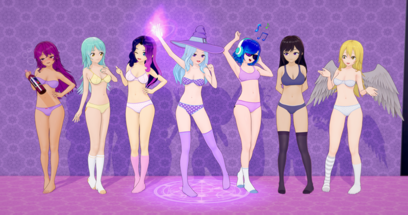 Size: 4096x2160 | Tagged: suggestive, artist:mtakara, derpibooru import, berry punch, berryshine, bon bon, derpy hooves, lyra heartstrings, octavia melody, sweetie drops, trixie, vinyl scratch, human, 3d, anime, clothes, g4, gray underwear, hat, headphones, humanized, image, koikatsu, magic, midriff, png, polka dot underwear, purple underwear, socks, starry underwear, strapless bra, striped underwear, trixie's hat, two tone underwear, underwear, winged humanization, wings, yellow underwear