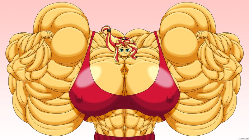 Size: 4096x2304 | Tagged: questionable, artist:atariboy2600, derpibooru import, sunset shimmer, human, equestria girls, abs, biceps, breasts, busty sunset shimmer, erect nipples, flexing, hyper, hyper muscle, image, jpeg, muscles, nipple outline, overdeveloped muscles, ponied up, sunset lifter