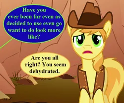 Size: 864x720 | Tagged: safe, derpibooru import, edit, edited screencap, editor:korora, screencap, braeburn, over a barrel, clothes, cowboy hat, cropped, g4, has anyone really been far even as decided to use even go want to do look more like?, hat, image, implied oc, meme, offscreen character, png, vest, word salad