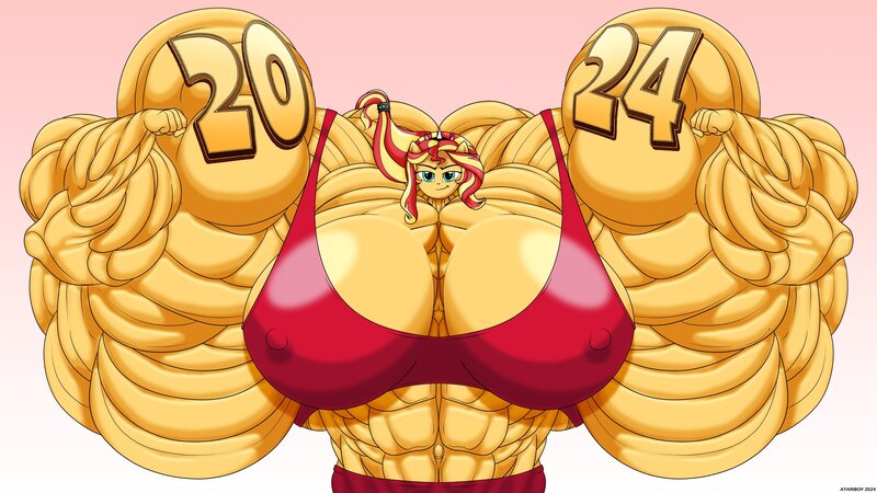 Size: 4096x2304 | Tagged: questionable, alternate version, artist:atariboy2600, derpibooru import, sunset shimmer, human, equestria girls, 2024, abs, biceps, big breasts, breasts, busty sunset shimmer, erect nipples, flexing, huge breasts, hyper, hyper breasts, hyper muscle, image, impossibly large breasts, jpeg, muscles, nipple outline, overdeveloped muscles, ponied up, sunset lifter