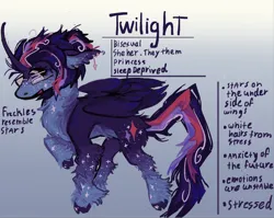 Size: 1590x1265 | Tagged: safe, artist:polluted-bat, derpibooru import, twilight sparkle, twilight sparkle (alicorn), alicorn, pony, alternate design, chest fluff, coat markings, colored hooves, curved horn, ear fluff, ear piercing, earring, g4, gender headcanon, glasses, headcanon, horn, image, jewelry, open mouth, pale belly, piercing, png, redesign, sexuality headcanon, socks (coat marking), solo, sparkles, unshorn fetlocks