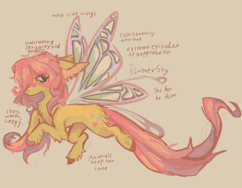 Size: 1585x1235 | Tagged: safe, artist:polluted-bat, derpibooru import, fluttershy, bug pony, insect, pegasus, pony, alternate design, chest fluff, colored hooves, ear fluff, flying, g4, gender headcanon, headcanon, image, long tail, messy mane, messy tail, png, redesign, sexuality headcanon, solo, tail, unshorn fetlocks