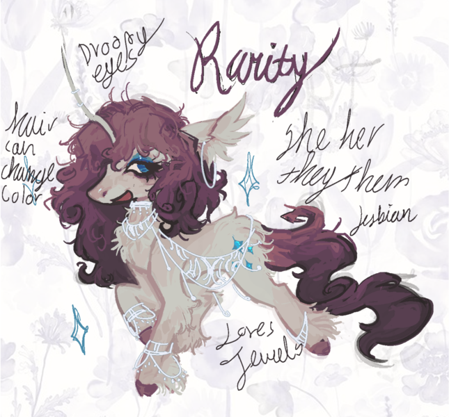 Size: 1340x1247 | Tagged: safe, artist:polluted-bat, derpibooru import, rarity, unicorn, alternate design, chest fluff, colored hooves, curved horn, ear fluff, ear piercing, eyelashes, eyeshadow, g4, gender headcanon, headcanon, horn, horn jewelry, image, jewelry, makeup, necklace, open mouth, piercing, png, raised hoof, redesign, sexuality headcanon, smiling, solo, standing, unshorn fetlocks
