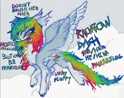 Size: 1590x1250 | Tagged: safe, artist:polluted-bat, derpibooru import, rainbow dash, pegasus, alternate design, chest fluff, coat markings, colored hooves, colored wings, colored wingtips, ear fluff, flying, g4, gender headcanon, headcanon, image, jpeg, looking back, messy mane, messy tail, pale belly, redesign, sexuality headcanon, socks (coat marking), solo, spread wings, tail, unshorn fetlocks, wings