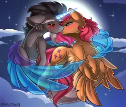 Size: 2451x2080 | Tagged: safe, artist:yuris, derpibooru import, discord, fluttershy, ponified, alicorn, pegasus, pony, blushing, ears up, floppy ears, flying, holiday, image, kissing, magic, moon, night, png, sky, valentine's day