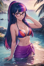 Size: 1024x1536 | Tagged: suggestive, ai content, derpibooru import, editor:sammykun, machine learning generated, sci-twi, twilight sparkle, human, equestria girls, belly button, bikini, breasts, busty twilight sparkle, cleavage, clothes, female, g4, generator:yodayo, glasses, humanized, image, jpeg, midriff, mountain, ocean, palm tree, partially submerged, ponytail, prompter:sammykun, reasonably sized breasts, silk, skirt, sky, smiling, solo, sunset, swimsuit, tree, water