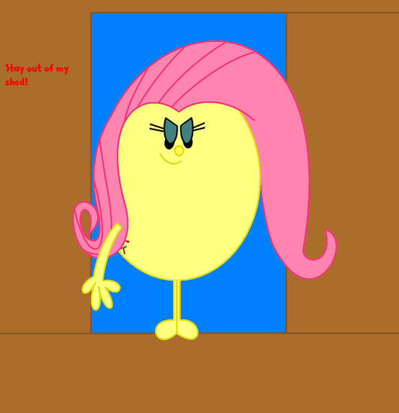 Size: 900x930 | Tagged: safe, artist:worldofcaitlyn, derpibooru import, fluttershy, .mov, shed.mov, colored, cute, female, flat colors, fluttershed, g4, image, indoors, jpeg, little miss, little miss-ified, mr. men, mr. men little miss, mr. men-ified, narrowed eyes, parody, pony.mov, red text, shed, smiling, solo, text
