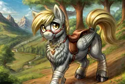 Size: 4096x2752 | Tagged: safe, ai content, anonymous artist, derpibooru import, machine learning generated, stable diffusion, derpy hooves, pegasus, pony, blonde mane, blonde tail, blushing, bridle, chest fluff, cloven hooves, detailed, detailed background, ear fluff, female, feral, fluffy, g4, generator:easyfluff v11.2, happy, harness, high res, image, jewelry, leg wraps, looking at you, mare, missing cutie mark, necklace, png, saddle, smiling, smiling at you, solo, tack, tail, wings, yellow eyes