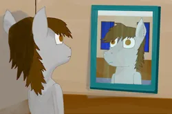 Size: 1312x868 | Tagged: safe, artist:kokopingas98, derpibooru import, oc, oc:anthon, unofficial characters only, pegasus, pony, expressionless, expressionless face, floor, image, indoors, interior, looking at self, looking at something, mirror, night, night sky, object, pegasus oc, png, ponysona, reflection, room, sky, stare, window, wings, wood