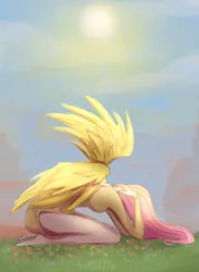 Size: 1701x2321 | Tagged: safe, artist:vestia-s201, derpibooru import, fluttershy, human, barefoot, feet, female, hands on head, head down, humanized, image, kneeling, outdoors, png, solo, sun, winged humanization, wings