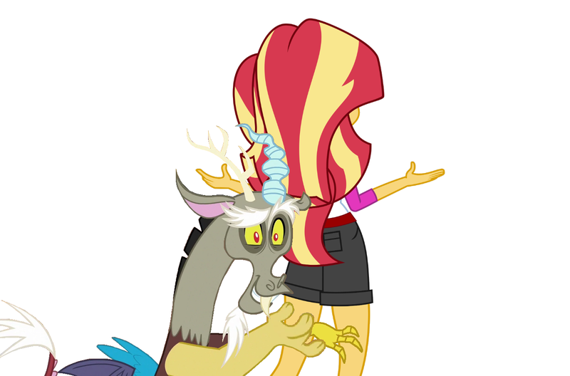 Size: 1446x954 | Tagged: safe, derpibooru import, discord, sunset shimmer, equestria girls, beautiful, beautisexy, cute, fun, funny, g4, hilarious, image, legs, png, pretty, sexy, simple background, tickling, white background