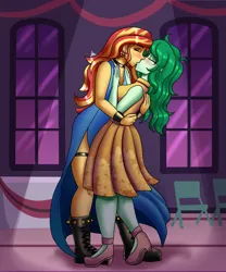 Size: 1700x2040 | Tagged: suggestive, artist:zachc, derpibooru import, sunset shimmer, wallflower blush, equestria girls, blushing, boots, choker, clothes, commission, dancing, dress, eyes closed, female, high heels, image, kiss on the lips, kissing, lesbian, png, prom, ship:wallset, shipping, shoes, solo