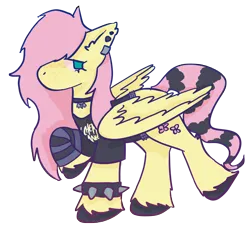 Size: 7240x6648 | Tagged: safe, artist:clandestine, derpibooru import, fluttershy, pegasus, pony, absurd resolution, arm warmers, bracelet, choker, clandestine industries, clothes, colored hooves, coontails, derpibooru exclusive, dyed mane, ear piercing, earring, emo, female, freckles, freckleshy, g4, hoof polish, image, jewelry, looking back, my chemical romance, no mouth, piercing, png, raised hoof, simple background, solo, spiked belt, spiked wristband, standing, tail, transparent background, unshorn fetlocks, wings, wristband