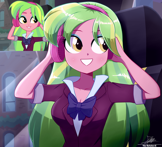 Size: 2134x1934 | Tagged: safe, artist:the-butch-x, derpibooru import, lemon hearts, lemon zest, equestria girls, friendship games, blushing, clothes, crystal prep academy uniform, cute, eyeshadow, female, grin, headphones, image, lemonbetes, makeup, png, scene interpretation, school uniform, screencap reference, shirt, smiling, solo