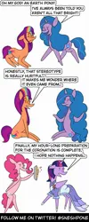 Size: 1000x2500 | Tagged: safe, artist:sneshpone, derpibooru import, izzy moonbow, pinkie pie, sunny starscout, twilight sparkle, twilight sparkle (alicorn), alicorn, g5, clothes, coronation dress, dress, image, jpeg, pie in the face