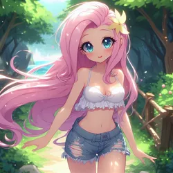 Size: 1024x1024 | Tagged: safe, ai content, derpibooru import, machine learning generated, fluttershy, human, adorasexy, anime, belly button, big breasts, blushing, breasts, busty fluttershy, cleavage, clothes, cute, denim, denim shorts, female, flower, flower in hair, forest, forest background, g4, generator:bing image creator, generator:dall-e 3, humanized, image, jpeg, long hair, looking at you, midriff, nature, outdoors, sexy, shorts, shyabetes, smiling, smiling at you, solo, stupid sexy fluttershy, tree