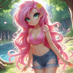 Size: 1024x1024 | Tagged: safe, ai content, derpibooru import, machine learning generated, fluttershy, human, adorasexy, anime, belly button, big breasts, blushing, breasts, busty fluttershy, cleavage, clothes, cute, denim, denim shorts, female, flower, flower in hair, forest, forest background, g4, generator:bing image creator, generator:dall-e 3, humanized, image, jpeg, long hair, looking at you, midriff, nature, outdoors, ripped, sexy, shorts, shyabetes, smiling, smiling at you, solo, stupid sexy fluttershy, tree