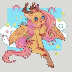 Size: 1024x1024 | Tagged: safe, artist:tat3rt0tt03, derpibooru import, fluttershy, butterfly, deer, deer pony, hybrid, insect, original species, peryton, pony, antlers, blushing, cloud, cute, female, gray background, human shoulders, image, jpeg, leg fluff, looking at you, mare, passepartout, rainbow, shyabetes, simple background, smiling, smiling at you, unshorn fetlocks