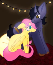 Size: 1151x1417 | Tagged: safe, artist:clandestine, derpibooru import, fluttershy, ponified, pegasus, pony, unicorn, acne, blanket, colored pinnae, comforting, crying, duo, ears up, eyeliner, fairy lights, female, filly, filly fluttershy, floppy ears, foal, folded wings, forehead kiss, freckles, freckleshy, frown, g4, gerard way, image, kissing, long tail, looking down, makeup, my chemical romance, pillow, pillow fort, png, sad, sitting, standing, tail, teary eyes, unshorn fetlocks, wings, younger