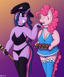 Size: 2424x2909 | Tagged: suggestive, artist:passionpanther, artist:ravepanther, derpibooru import, pinkie pie, twilight sparkle, anthro, earth pony, unicorn, belly button, breasts, broom, busty pinkie pie, busty twilight sparkle, choker, cleavage, clothes, costume, duo, duo female, eyes closed, female, food, gradient background, grin, hoof fingers, image, lesbian, midriff, nightmare night costume, png, shipping, smiling, socks, stockings, thigh highs, twinkie, witch costume