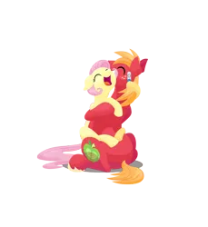 Size: 2160x2360 | Tagged: safe, anonymous artist, derpibooru import, big macintosh, fluttershy, earth pony, pegasus, pony, series:fm holidays, alternate hairstyle, eyes closed, female, floppy ears, fluttermac, g4, high res, holding a pony, hoof hold, hug, image, leg lock, lineless, male, mare, open mouth, open smile, png, pregnancy test, shipping, short mane, simple background, smiling, stallion, straight, transparent background