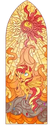 Size: 1000x2316 | Tagged: safe, artist:couratiel, derpibooru import, sunset shimmer, alicorn, pony, alicornified, image, png, race swap, shimmercorn, solo, stained glass