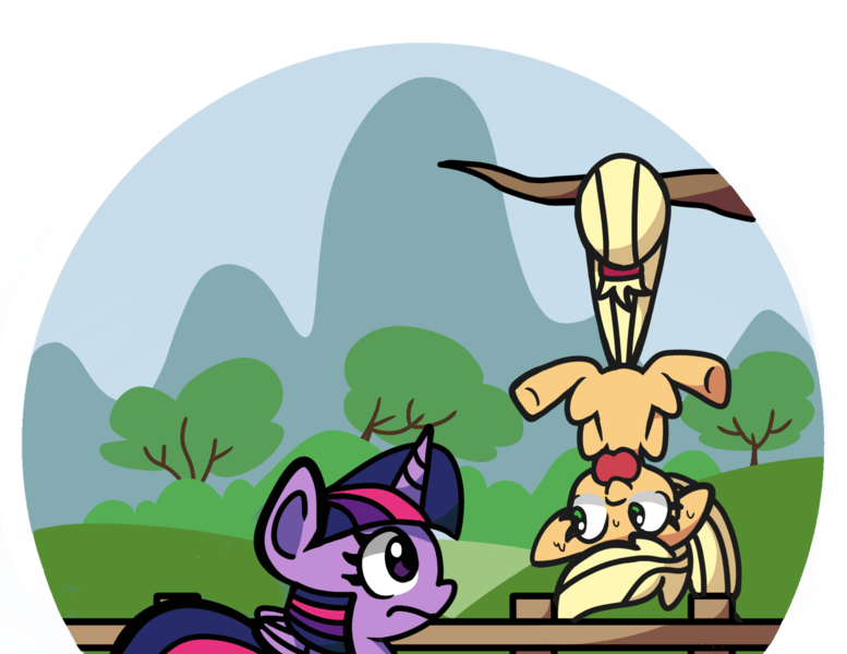 Size: 1903x1470 | Tagged: safe, artist:derp pone, derpibooru import, applejack, twilight sparkle, alicorn, earth pony, pony, apple, cute, duo, food, hanging, hanging upside down, image, jackabetes, png, silly, silly pony, tail, tail pull, tree, upside down, who's a silly pony