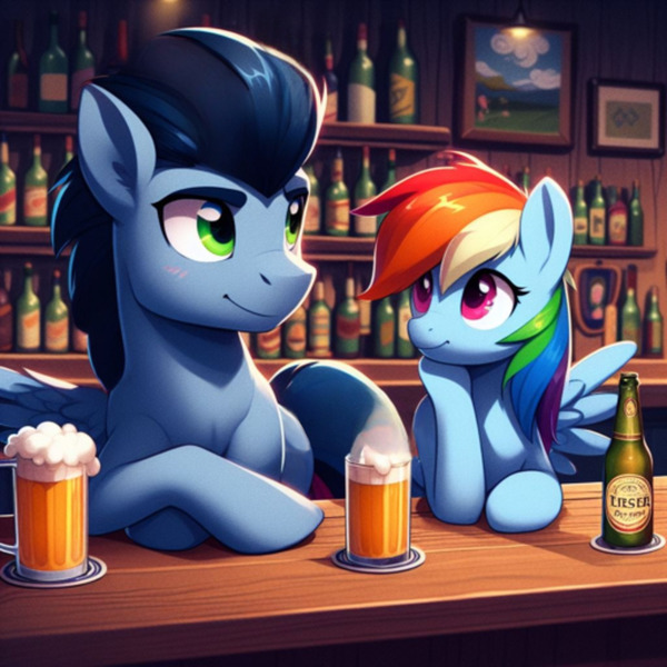 Size: 1024x1024 | Tagged: safe, ai content, derpibooru import, machine learning generated, prompter:*rainbow dash*, rainbow dash, soarin', alcohol, bar, beer, female, generator:bing image creator, image, jpeg, liquor, male, shipping, sitting, soarindash, spread wings, straight, wings