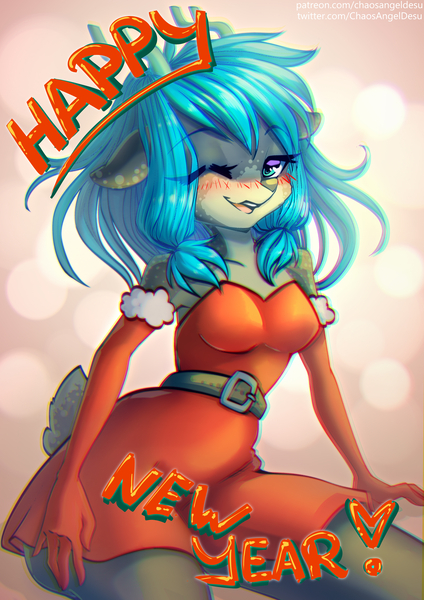 Size: 3508x4961 | Tagged: safe, artist:chaosangeldesu, derpibooru import, oc, anthro, deer, belt, blushing, clothes, deer oc, dress, female, gloves, horns, image, jpeg, looking at you, non-pony oc, smiling, smiling at you, solo