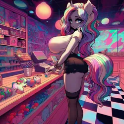 Size: 1024x1024 | Tagged: suggestive, ai content, derpibooru import, machine learning generated, part of a set, oc, unofficial characters only, anthro, unicorn, adorasexy, big breasts, breasts, busty oc, cash register, clothes, counter, cute, female, horn, huge breasts, human to anthro, image, implied transformation, implied transgender transformation, large butt, looking at you, open mouth, part of a series, png, prompter:horselover fat, sexy, shorts, side view, sideboob, solo, standing, store, tight clothing, tiled floor, unicorn oc