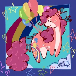 Size: 1200x1200 | Tagged: safe, artist:rainaintheclouds, derpibooru import, pinkie pie, earth pony, pony, :p, alternate design, balloon, bow, coat markings, female, freckles, g4, hair bow, image, jpeg, mare, pale belly, pansexual pride flag, pride, pride flag, rainbow, solo, stars, tail, tail bow, tongue out