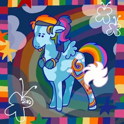 Size: 1200x1200 | Tagged: safe, artist:rainaintheclouds, derpibooru import, rainbow dash, pegasus, pony, alternate design, cloud coat pattern, coat markings, female, g4, goggles, headband, image, implied appledash, implied lesbian, implied shipping, jpeg, mare, ponytail, rainbow, small wings, solo, splotches, standing, tongue out, twitterina design, wings