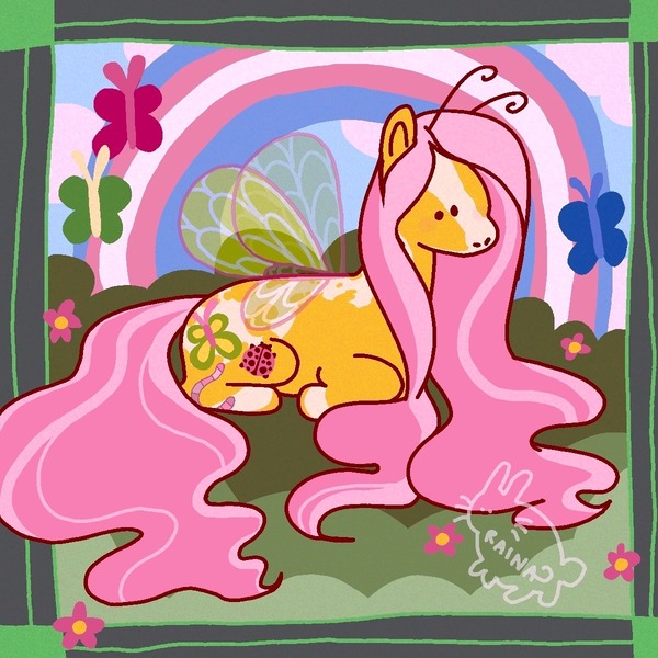 Size: 1200x1200 | Tagged: safe, artist:rainaintheclouds, derpibooru import, fluttershy, bug pony, butterfly, insect, pegasus, pony, antennae, coat markings, facial markings, female, flower, g4, image, jpeg, lying down, mare, no mouth, pride, pride flag, solo, splotches, stripe (coat marking), transgender pride flag
