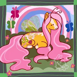 Size: 1200x1200 | Tagged: safe, artist:rainaintheclouds, derpibooru import, fluttershy, bug pony, butterfly, insect, pegasus, pony, antennae, coat markings, facial markings, female, flower, g4, image, jpeg, lying down, mare, no mouth, pride, pride flag, solo, splotches, stripe (coat marking), transgender pride flag